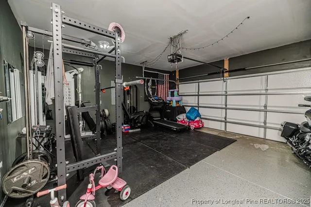 a view of a garage with storage