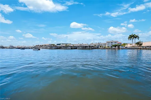 a view of a lake with houses in the back