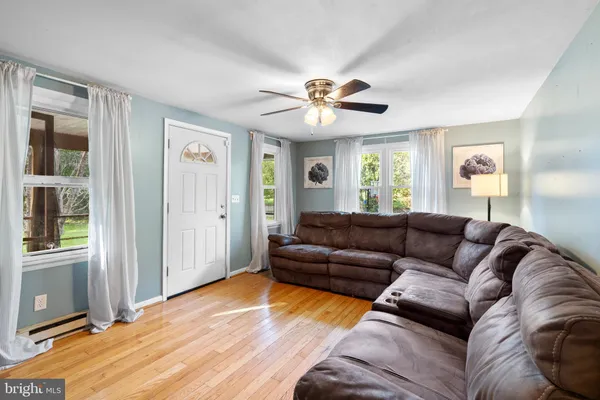a living room with furniture and a large window
