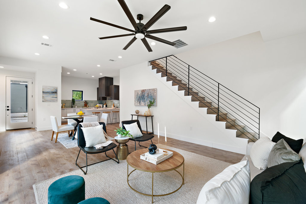 4407 Merle Drive, Unit B Austin, TX 78745 - Photo 17 of 38 a living room with furniture and kitchen view
