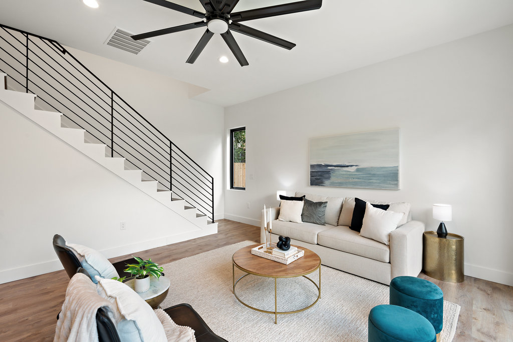 4407 Merle Drive, Unit B Austin, TX 78745 - Photo 18 of 38 a living room with furniture and a wooden floor