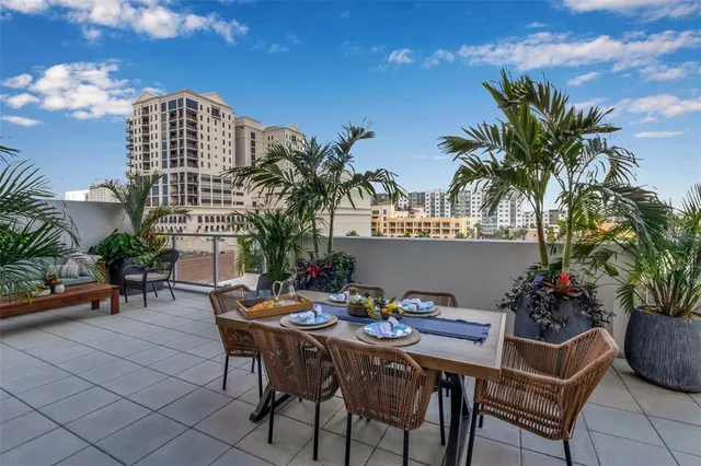 a view of a dining table and chairs in the patio