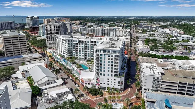 a city view with tall buildings