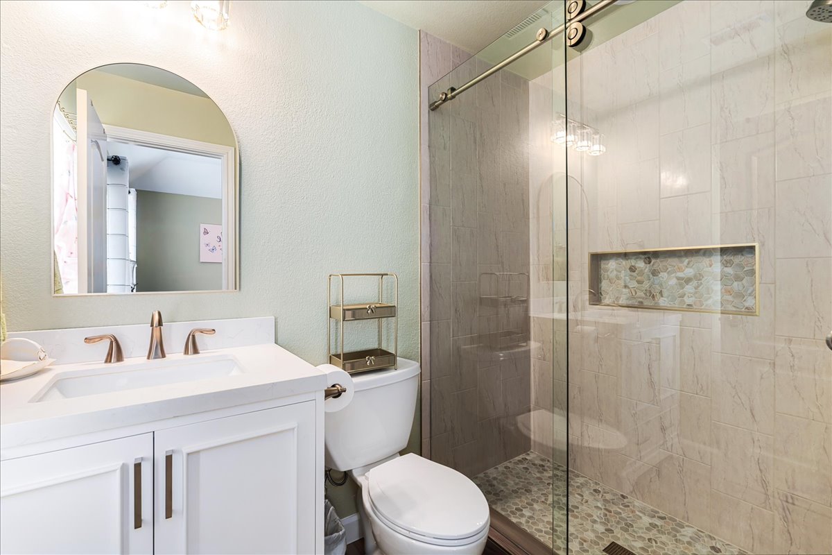 58 Cottondale Road The Hills, TX 78738 - Photo 23 of 40 a bathroom with a toilet a sink a mirror and shower