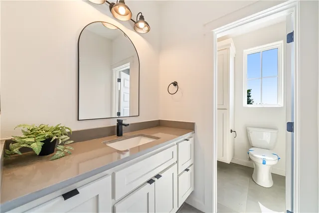 a bathroom with a sink a toilet and a mirror