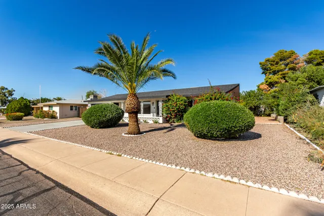 a view of a house with a yard and potted plants