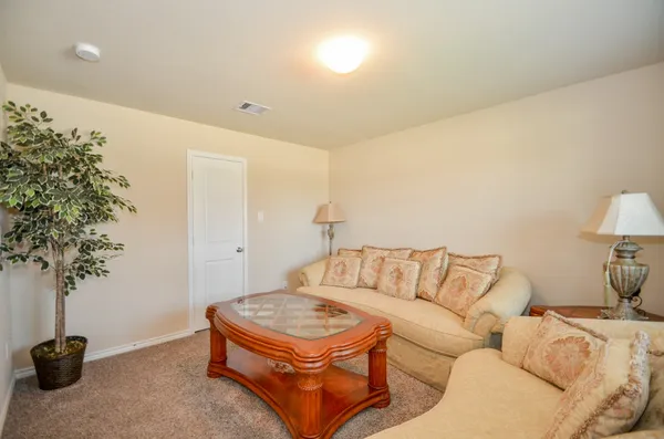 a living room with furniture a couch and a potted plant