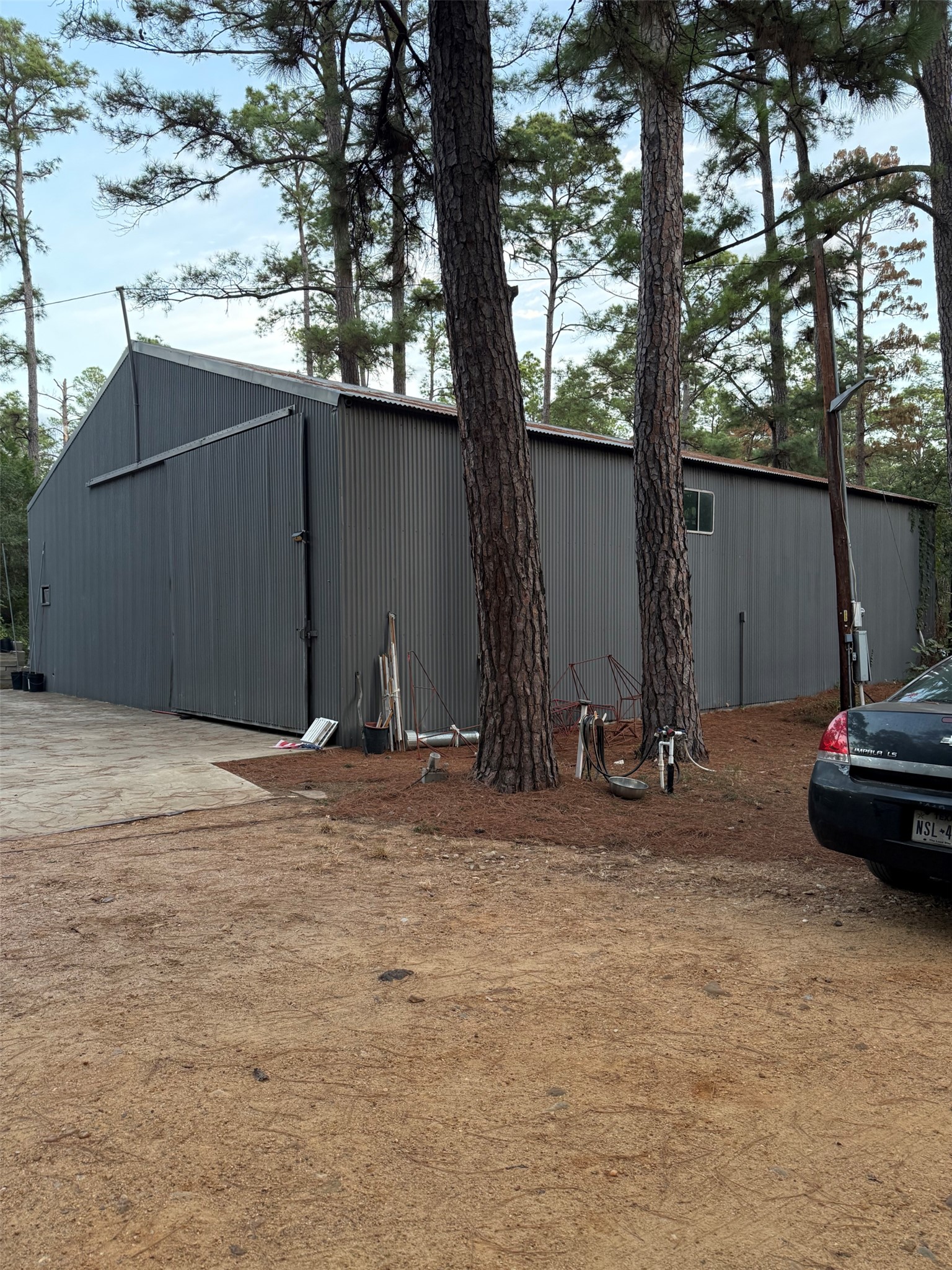 363 Porter Road Bastrop, TX 78602 - Photo 34 of 37 An expansive metal outbuilding stands nestled among mature pines, offering versatile storage space.