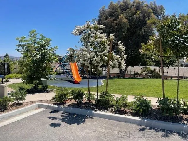 a garden view with a seating space