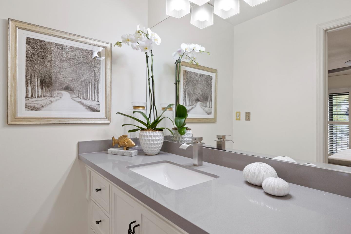 503 Arlington Road Redwood City, CA 94062 - Photo 25 of 48 a bathroom with a granite countertop sink a mirror and vanity