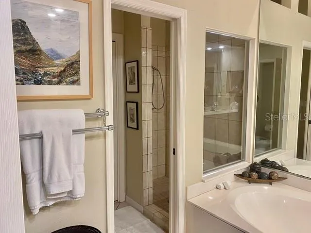 a bathroom with a sink and a mirror