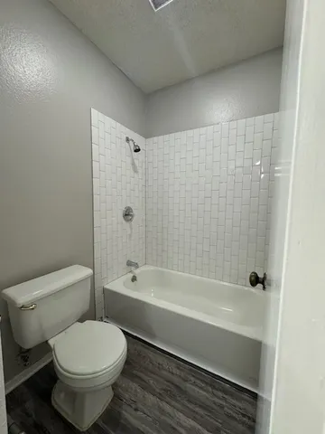 a bathroom with a toilet and a bathtub