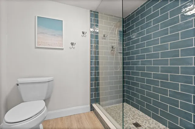a bathroom with a toilet and a shower