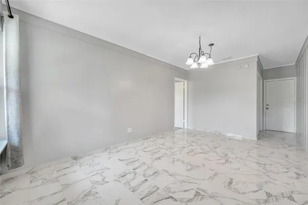 a view of a chandelier in a room