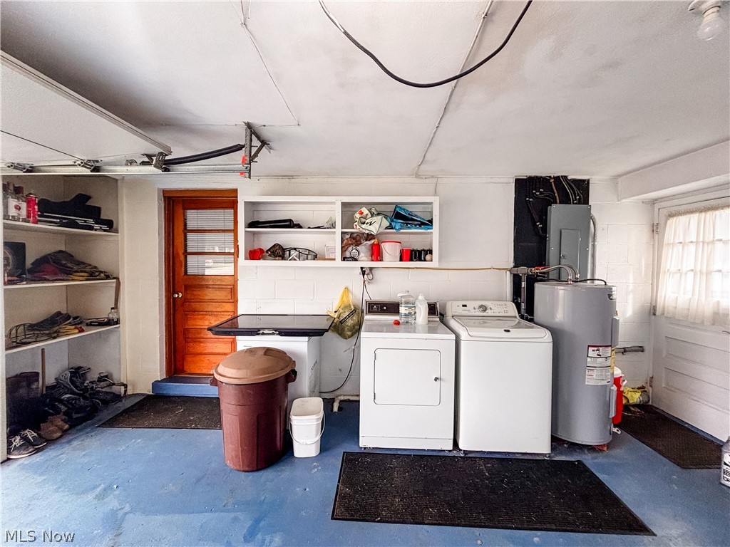 724 East Main Street Barnesville, OH 43713 - Photo 23 of 28 Laundry area featuring electric panel, water heater, washer and clothes dryer, and concrete flooring