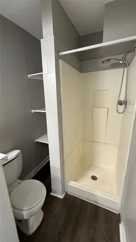 a bathroom with a toilet and a shower