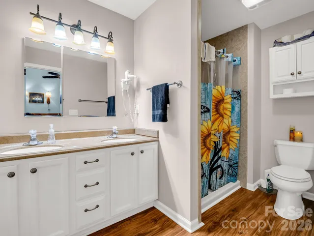 a bathroom with a sink a toilet and shower