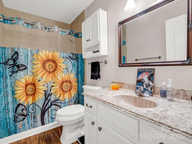 a bathroom with a granite countertop sink mirror vanity and toilet