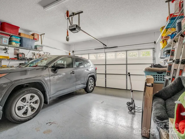 a backyard of a house with plants and large tree