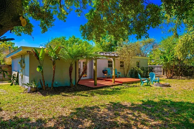 a view of a backyard with swimming pool