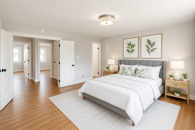 a spacious bedroom with a bed and a painting on the wall