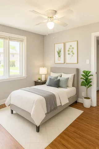 a bedroom with a bed and a window