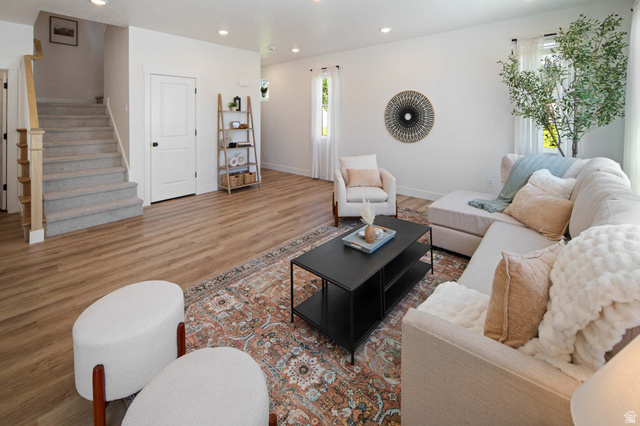 461 West 490 North Lindon, UT 84042 - Photo 2 of 18 Living room featuring stairway, recessed lighting, and wood finished floors