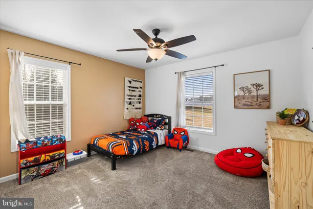 a bedroom with furniture window and ceiling fan