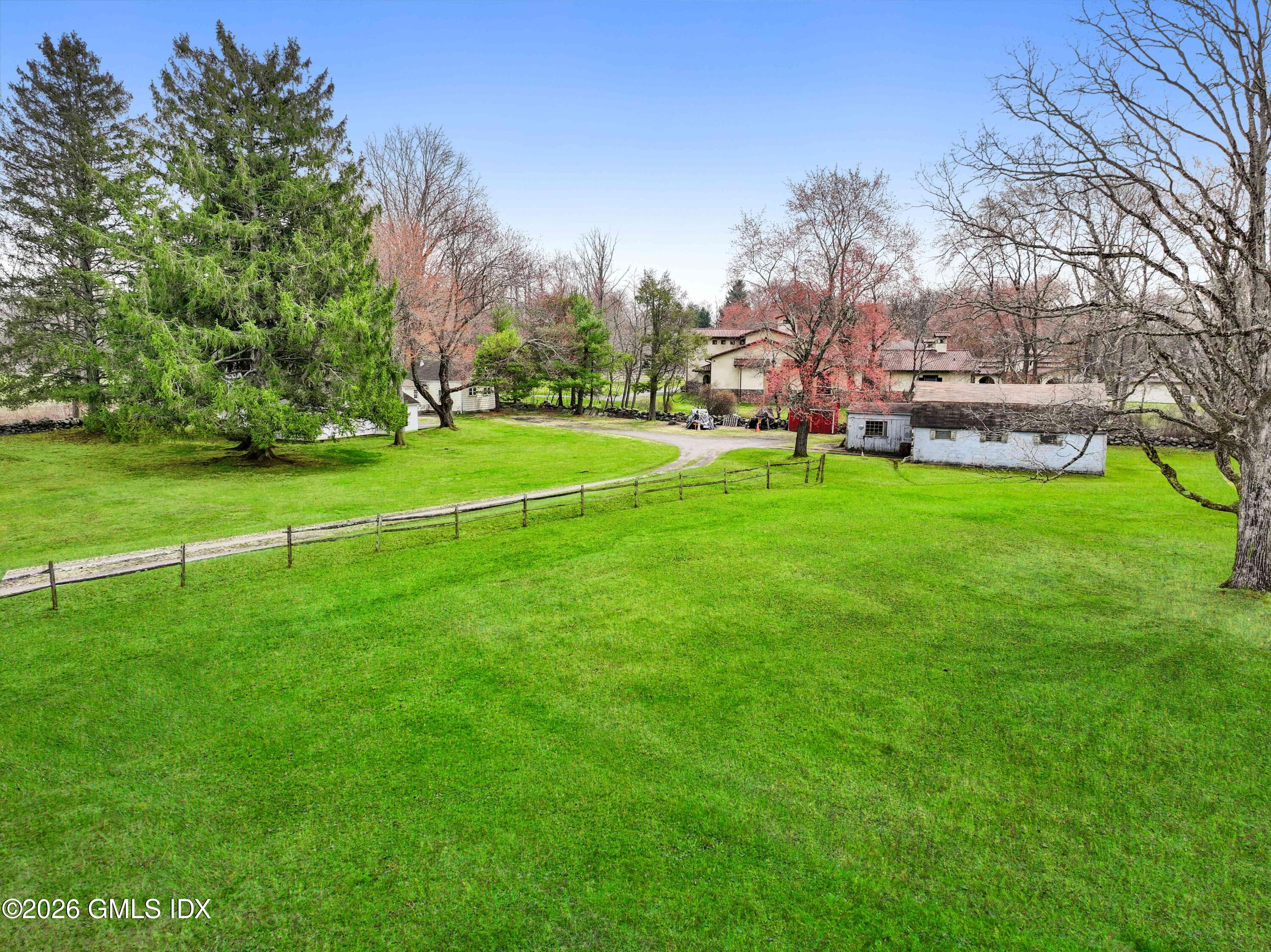 a view of a park and trees