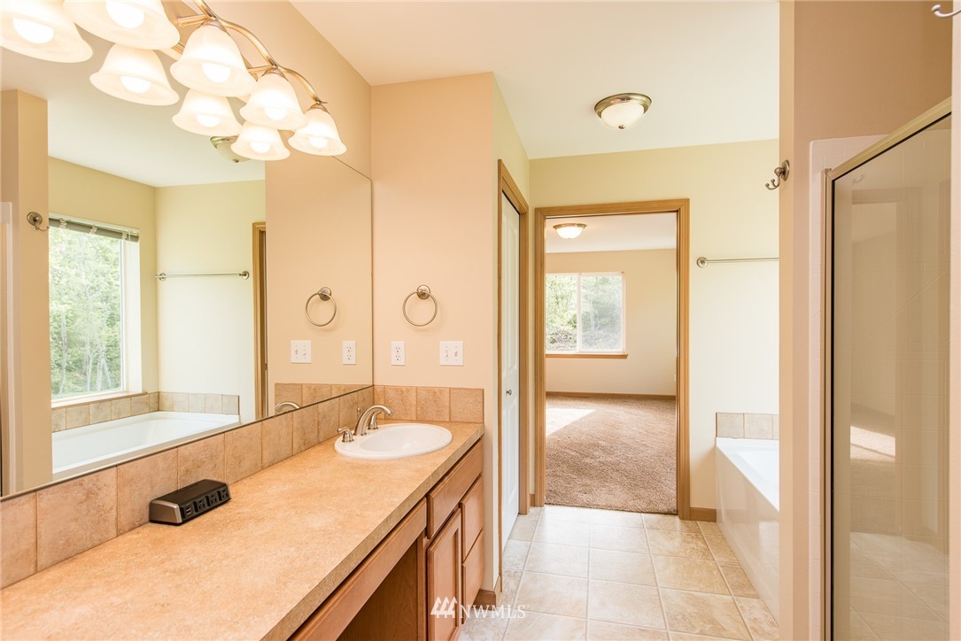 86 Hidden Valley Road Port Angeles, WA 98362 - Photo 22 of 23 a bathroom with a tub a sink and a large mirror