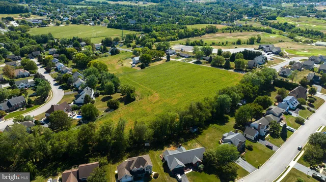 an aerial view of residential houses with outdoor space and trees