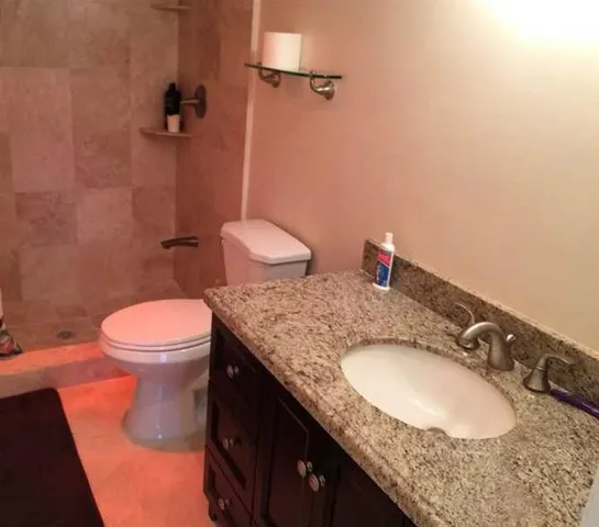 a bathroom with a granite countertop sink a toilet and a mirror