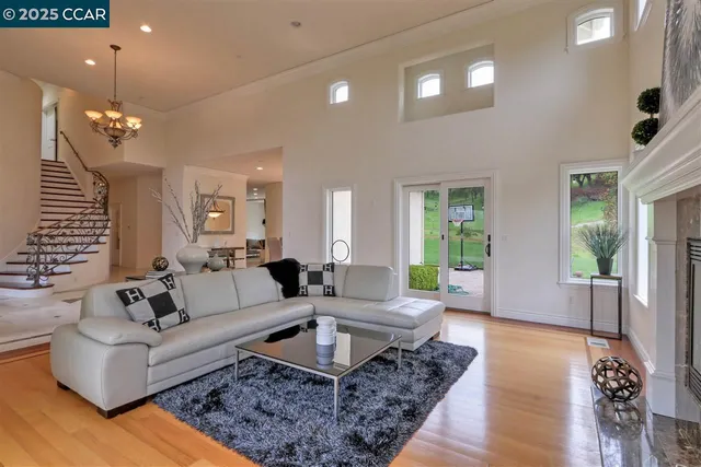 a living room with furniture potted plant and a large window