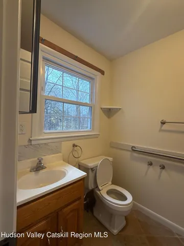 a bathroom with a toilet sink vanity and windows