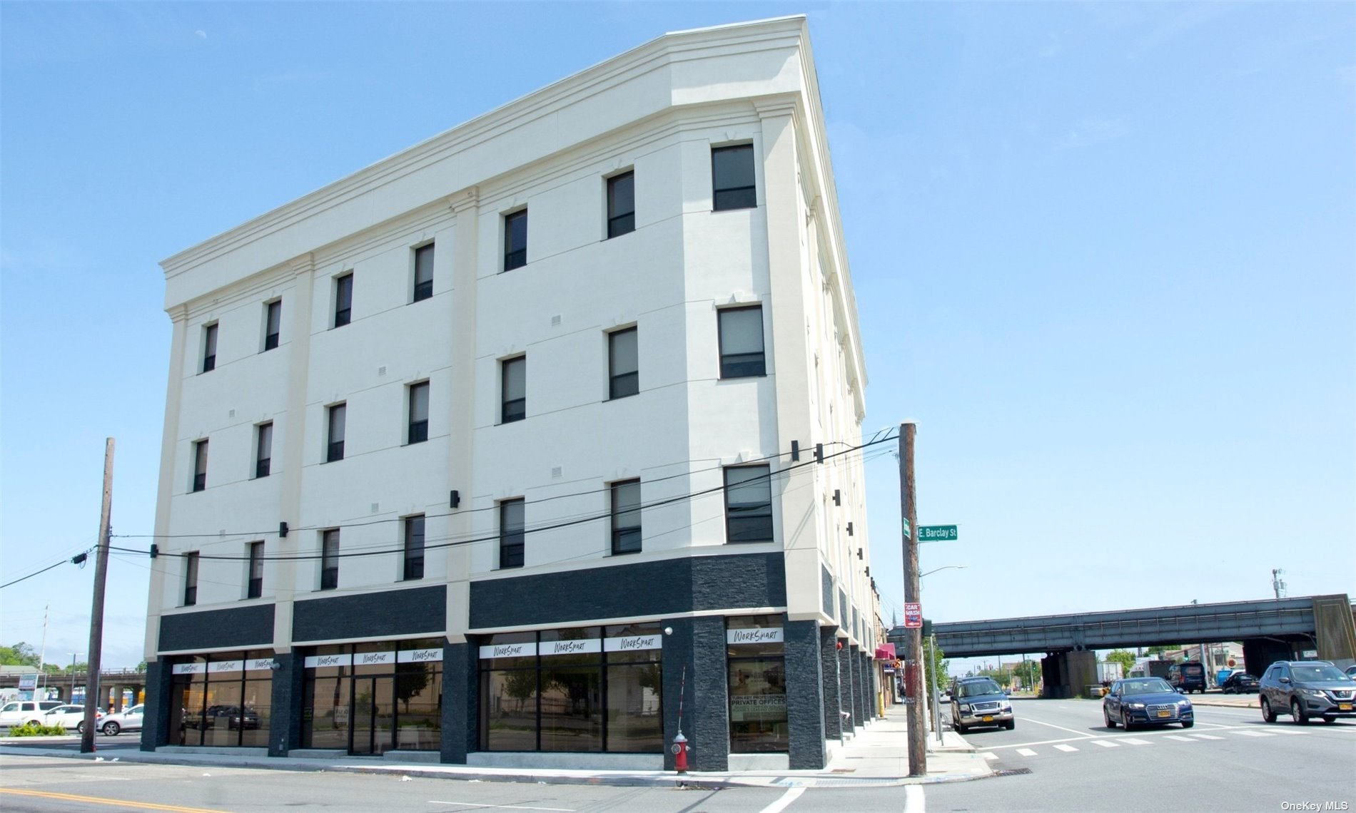 a front view of a building with street