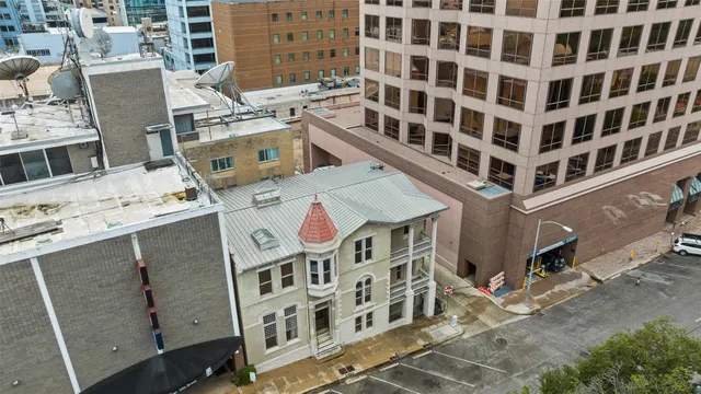 a city view with tall buildings