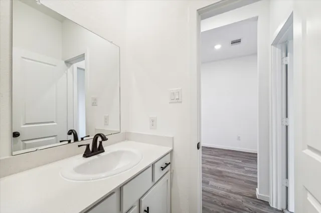 a bathroom with a sink and a mirror