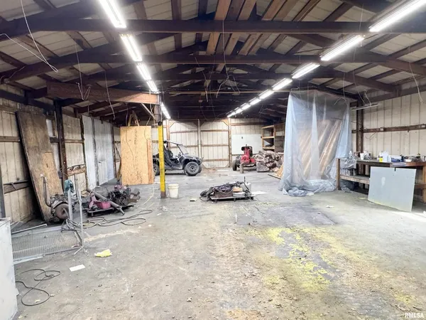 a view of a garage with storage