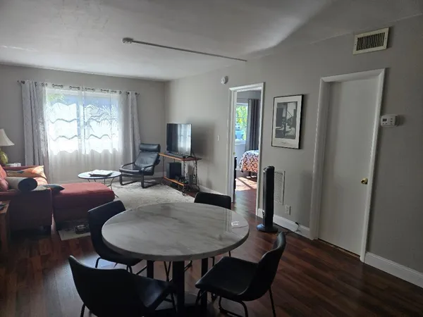 a view of a dining room with furniture window and wooden floor