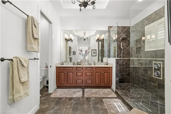 a bathroom with a granite countertop sink a toilet and shower