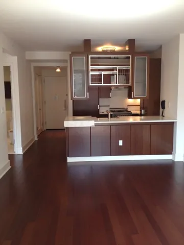 a view of kitchen with stainless steel appliances granite countertop a stove top oven a sink and dishwasher with wooden floor