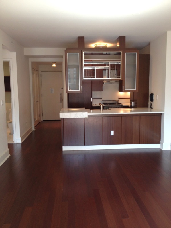 60 Riverside Boulevard, Unit 810 Manhattan, NY 10069 - Photo 3 of 11 a view of kitchen with stainless steel appliances granite countertop a stove top oven a sink and dishwasher with wooden floor