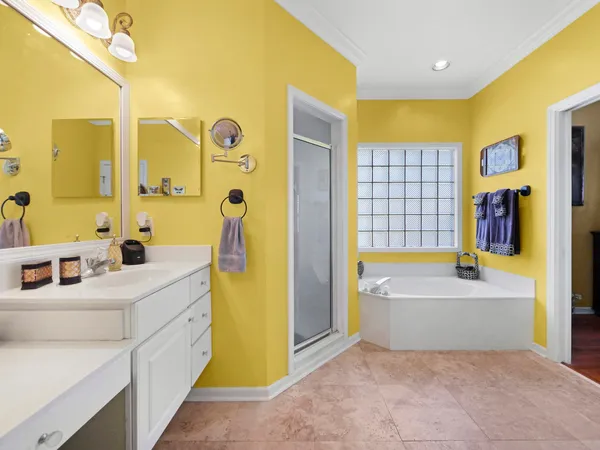 a bathroom with a tub sink and mirror