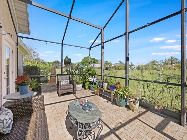 a living room with patio furniture and a potted plant