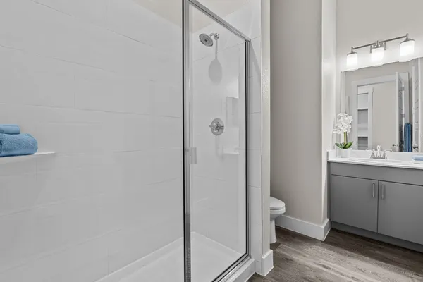 a bathroom with a granite countertop sink toilet and shower