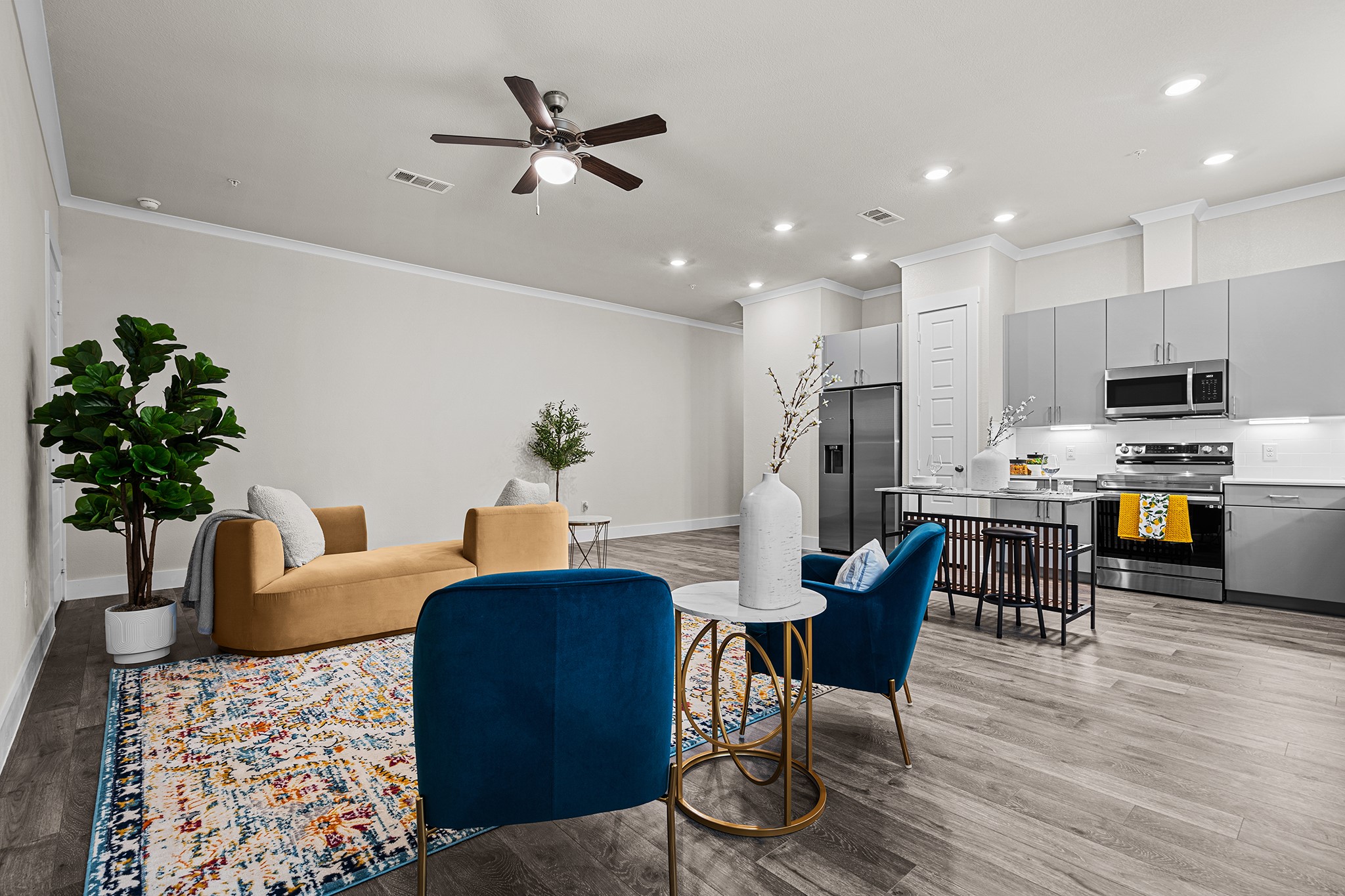 865 Limmer Loop, Unit 1014 Hutto, TX 78634 - Photo 3 of 37 a living room with furniture kitchen area and a potted plant