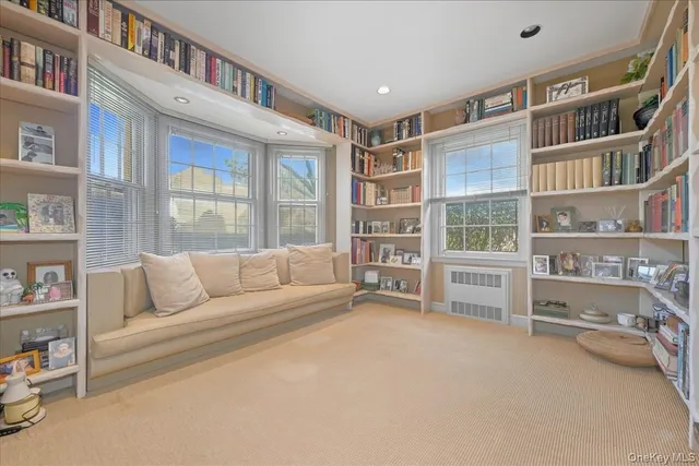 a living room with furniture and a book shelf
