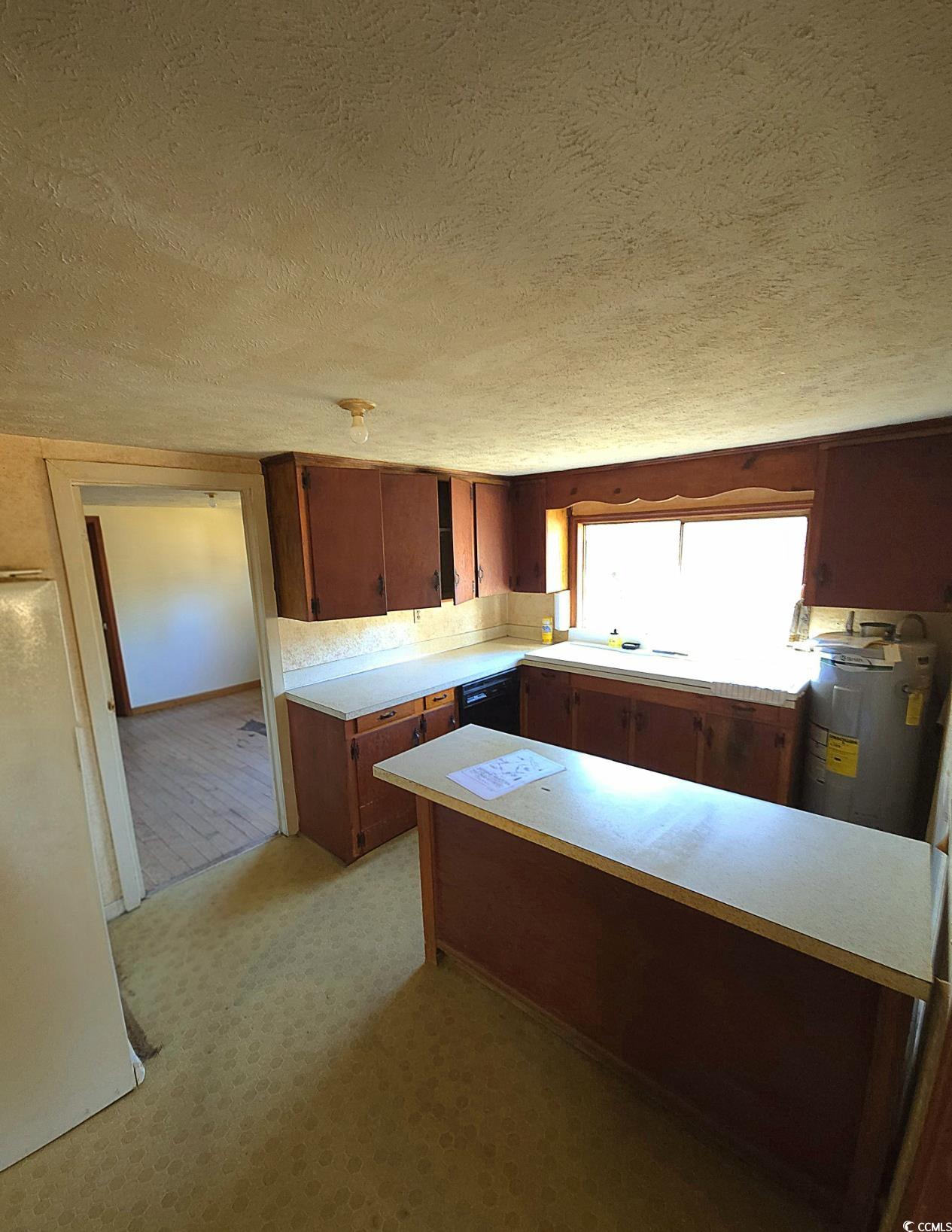 150 Landmark Road Conway, SC 29527 - Photo 7 of 35 Kitchen featuring brown cabinetry, light countertops, light carpet, a textured ceiling, and electric water heater