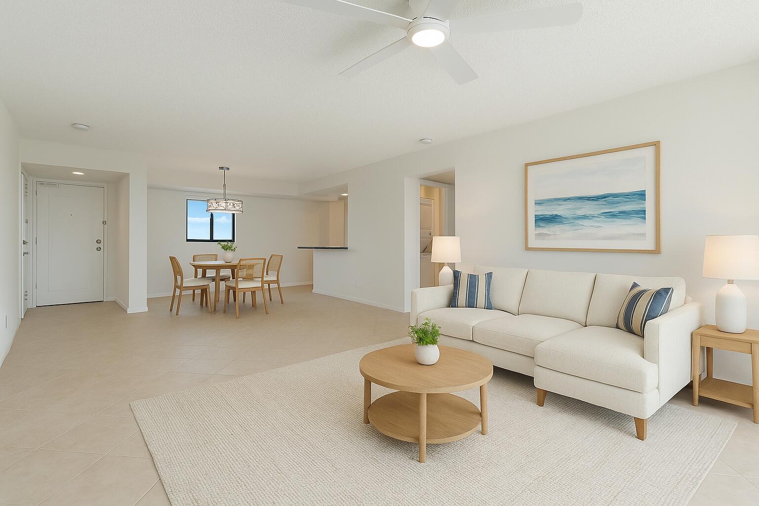 300 Ocean Trail Way, Unit 1406 Jupiter, FL 33477 - Photo 20 of 42 a living room with furniture and a dining table with kitchen view