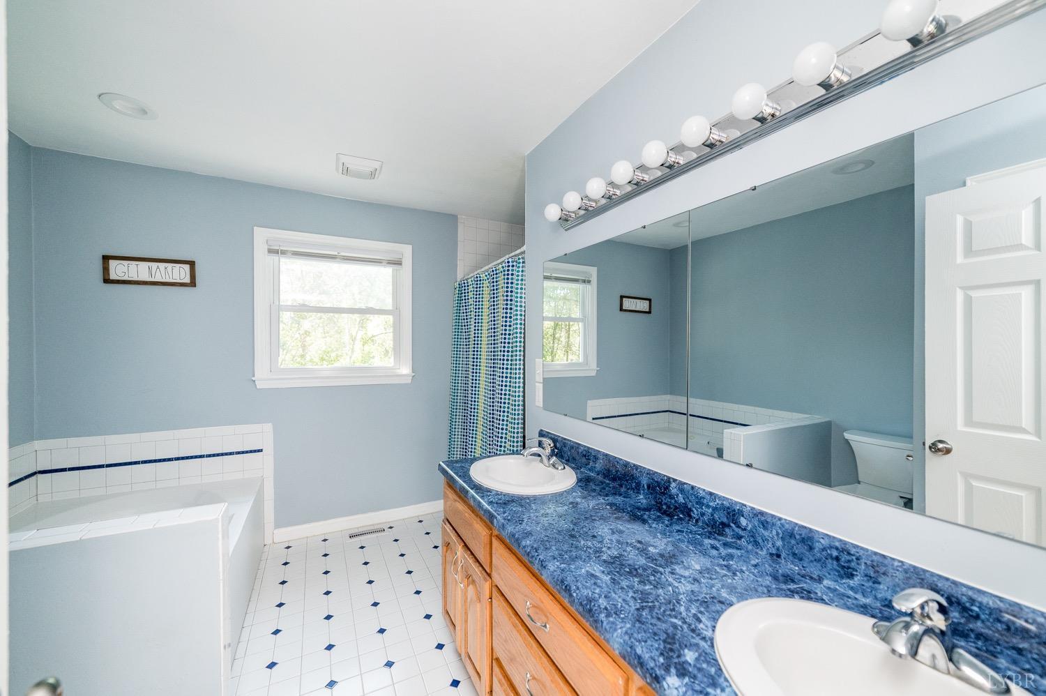 7996 Rocky Ford Road Moneta, VA 24121 - Photo 13 of 45 a bathroom with a granite countertop sink a mirror and a toilet